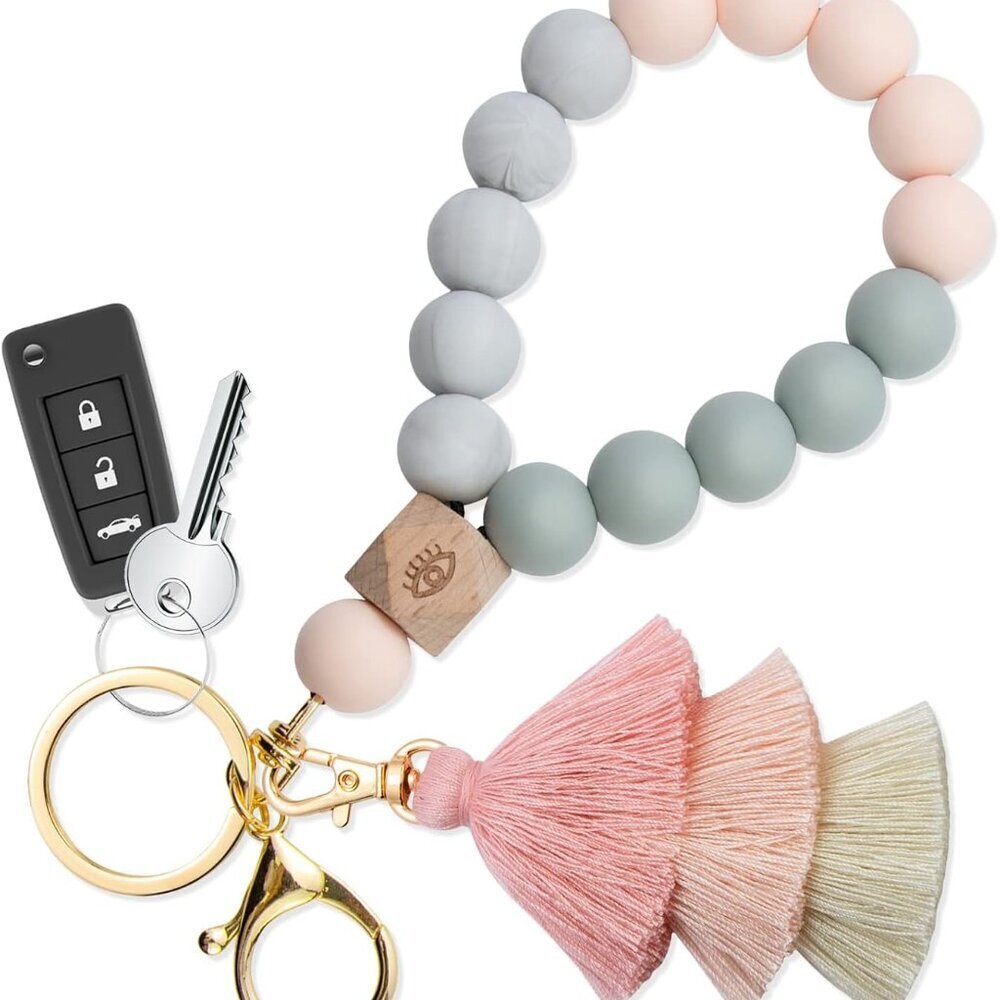 Beaded Keychain with Tassel, Silicone Key Ring Bracelet, Cute Boho Car Key Chain